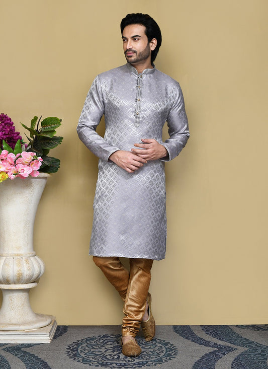 Resham Art Silk Grey Kurta Pyjama - M7851