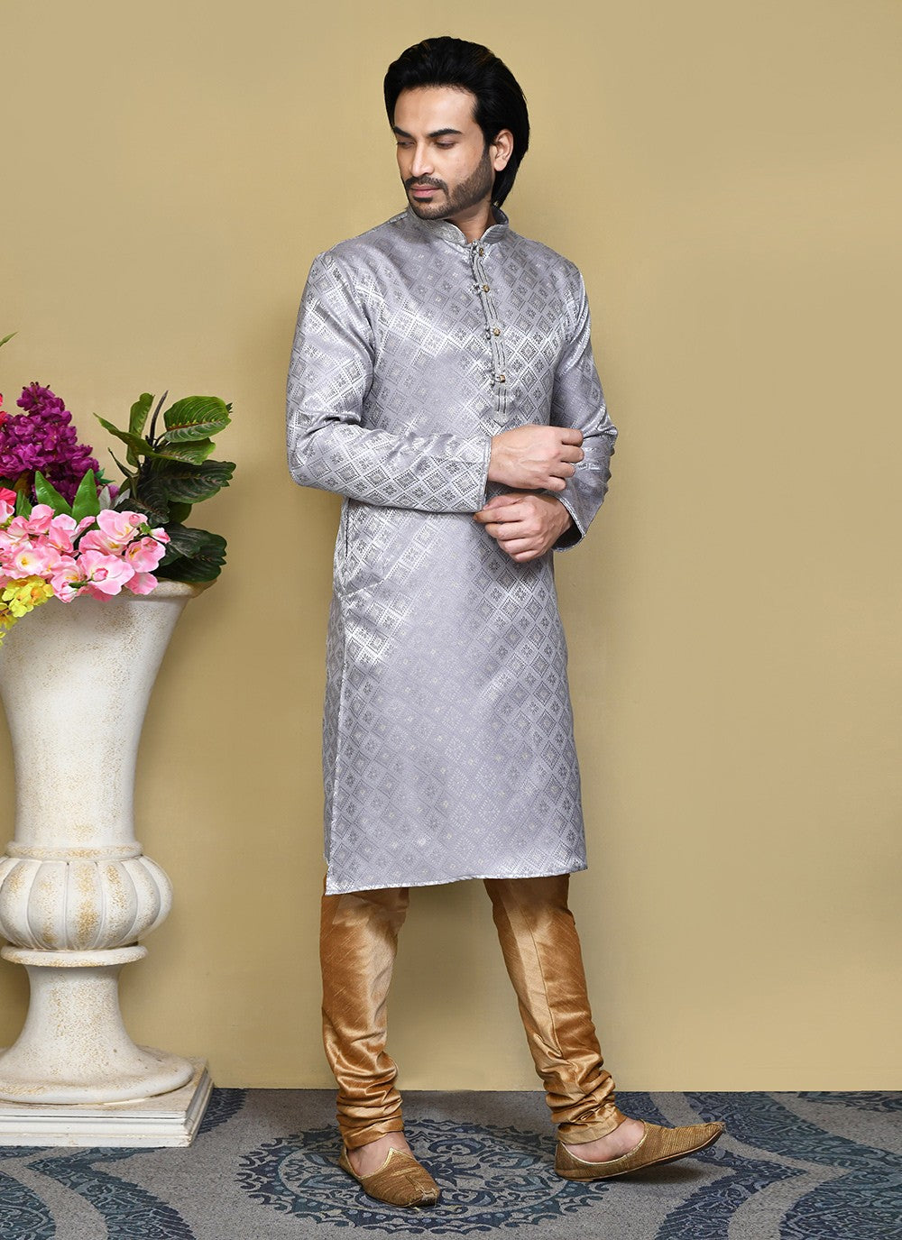 Resham Art Silk Grey Kurta Pyjama - M7851