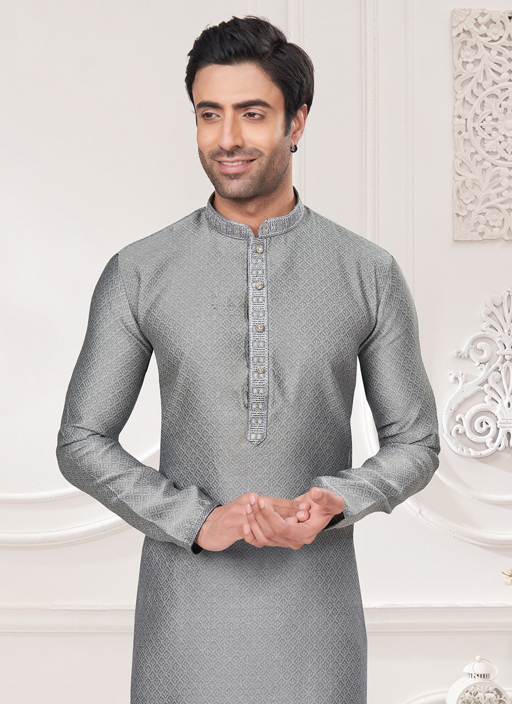 Mirror Jacquard Grey Kurta Pyjama - M8492