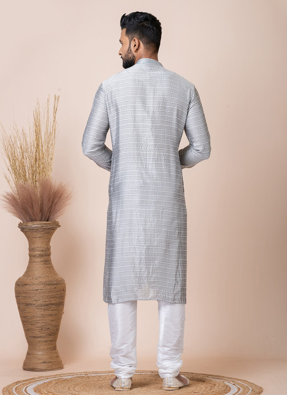 Printed Jacquard Silk Grey Kurta Pyjama - M8545