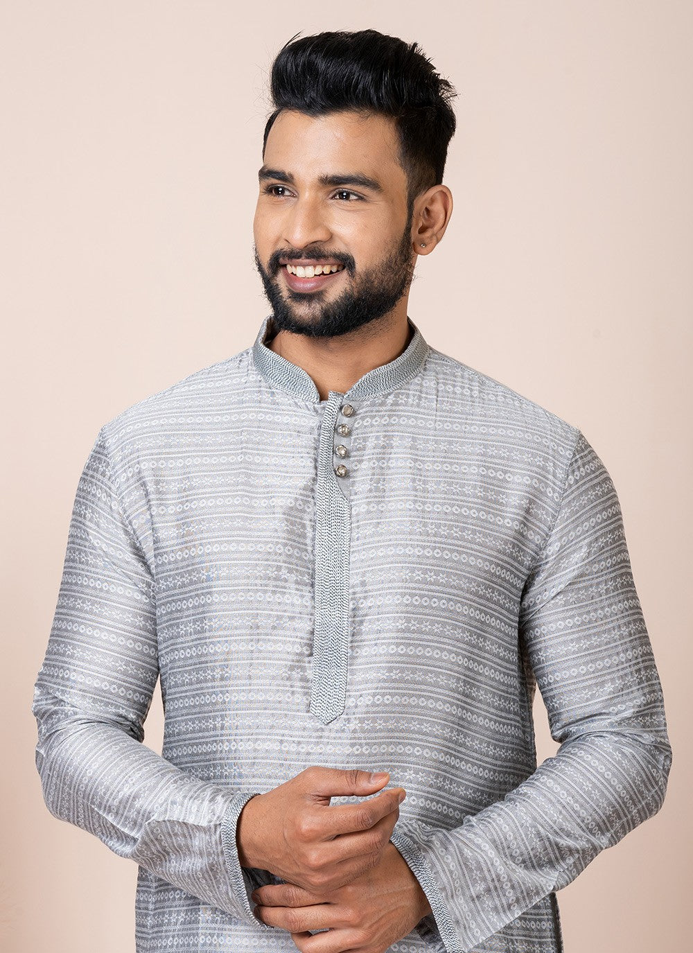 Printed Jacquard Silk Grey Kurta Pyjama - M8545