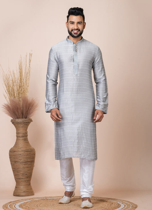 Printed Jacquard Silk Grey Kurta Pyjama - M8545