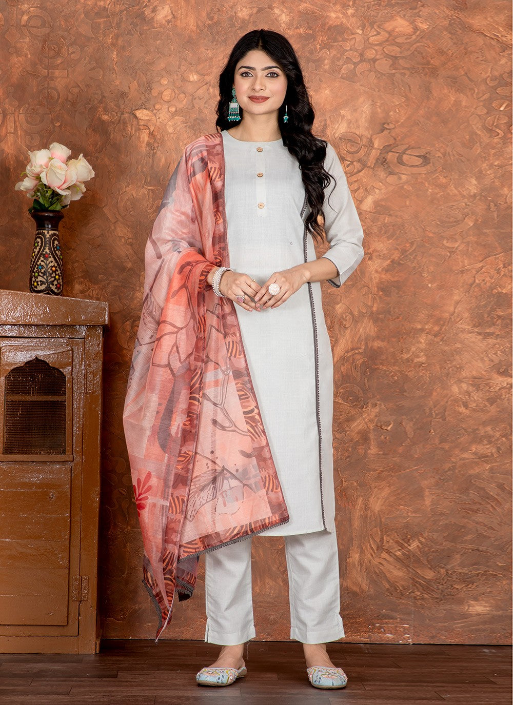 Embroidered Cotton Pant Style Suit - T4736