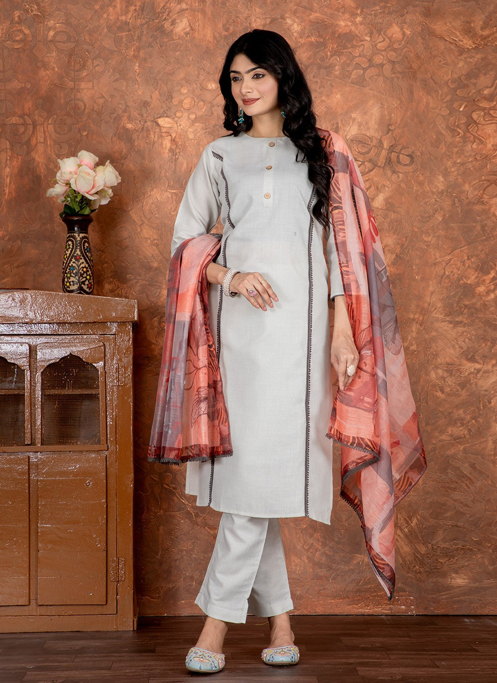 Embroidered Cotton Pant Style Suit - T4736