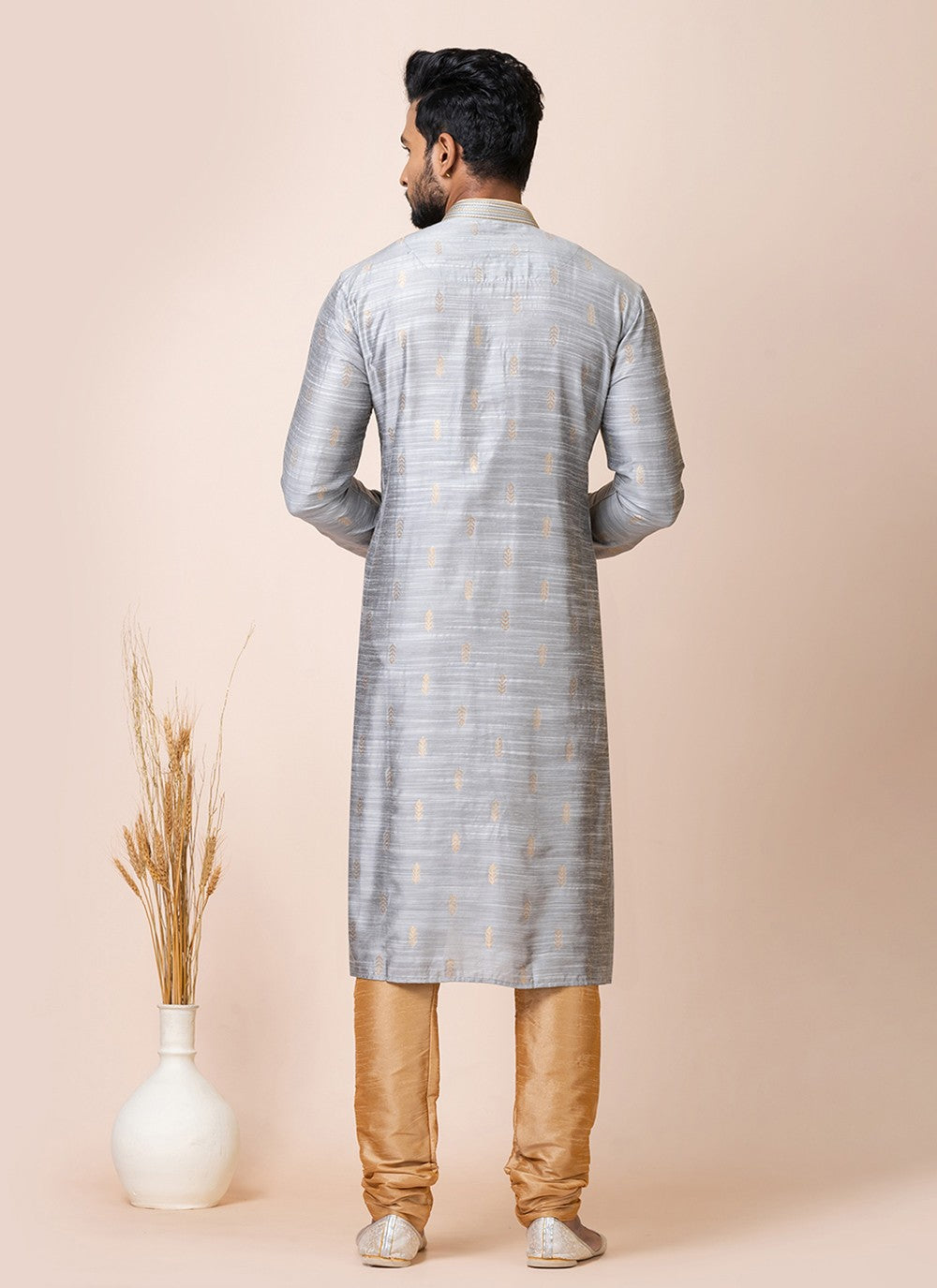 Jacquard Work Cotton Grey Kurta Pyjama - M7513