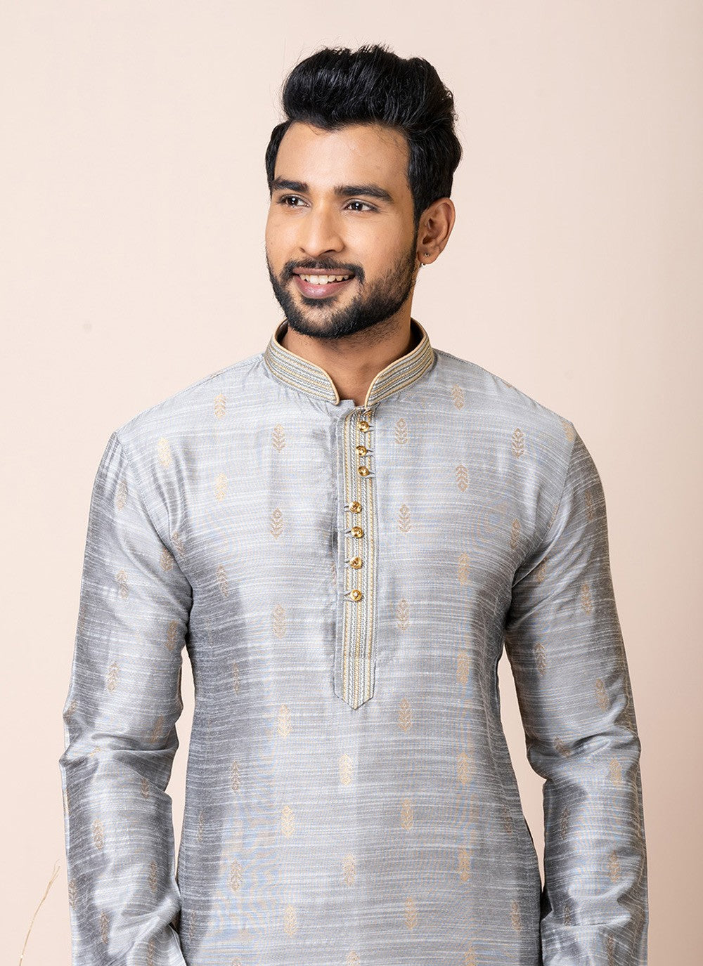 Jacquard Work Cotton Grey Kurta Pyjama - M7513