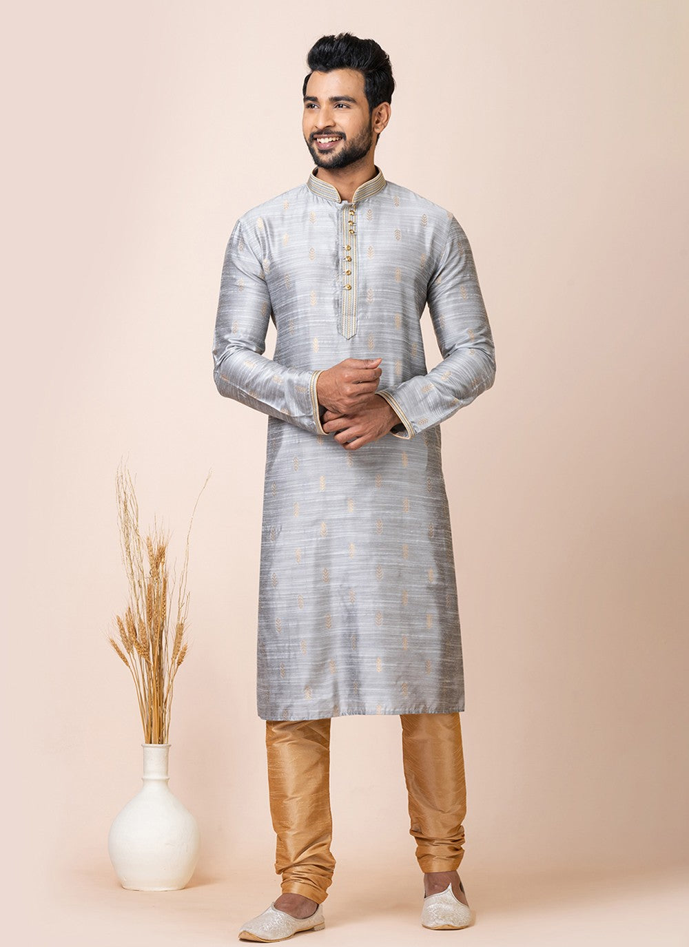 Jacquard Work Cotton Grey Kurta Pyjama - M7513