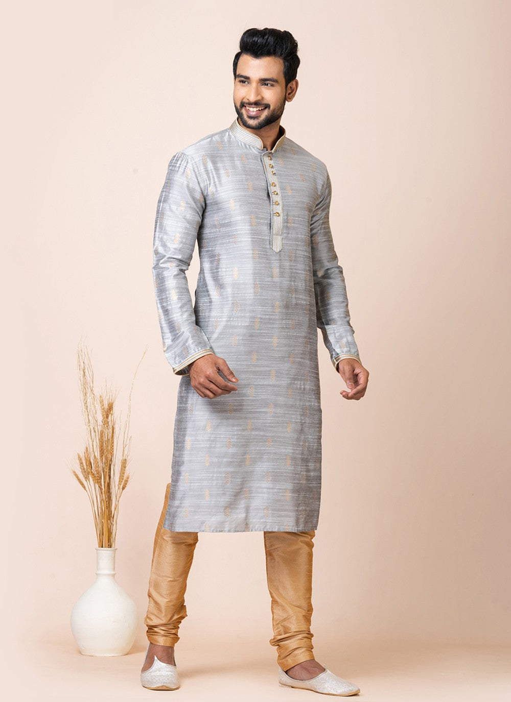 Jacquard Work Cotton Grey Kurta Pyjama - M7513