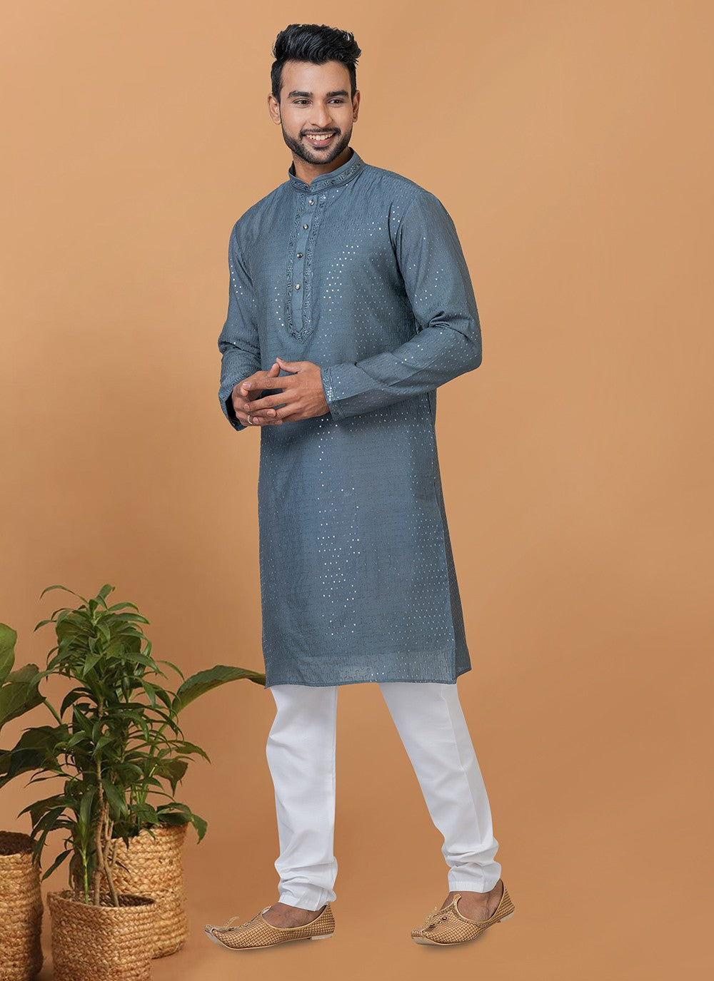 Embroidered Cotton , Viscose Grey Kurta Pyjama - M6347