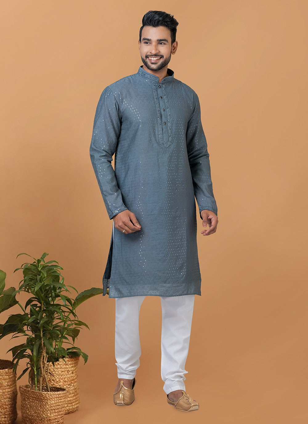 Embroidered Cotton , Viscose Grey Kurta Pyjama - M6347