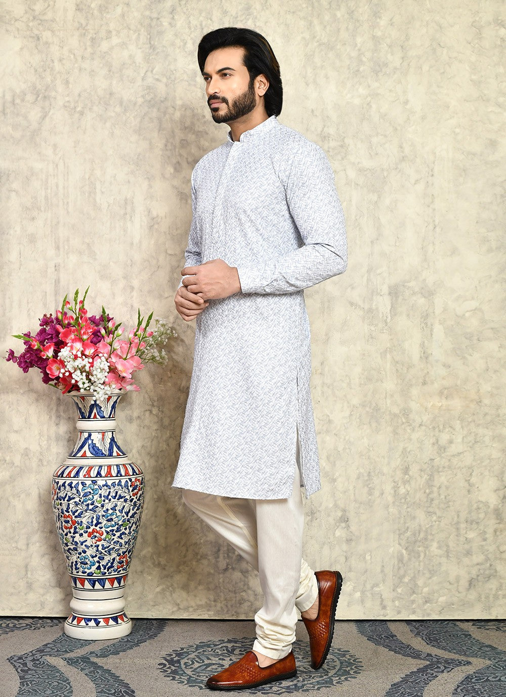 Plain Cotton Lycra Grey Kurta Pyjama - M7929