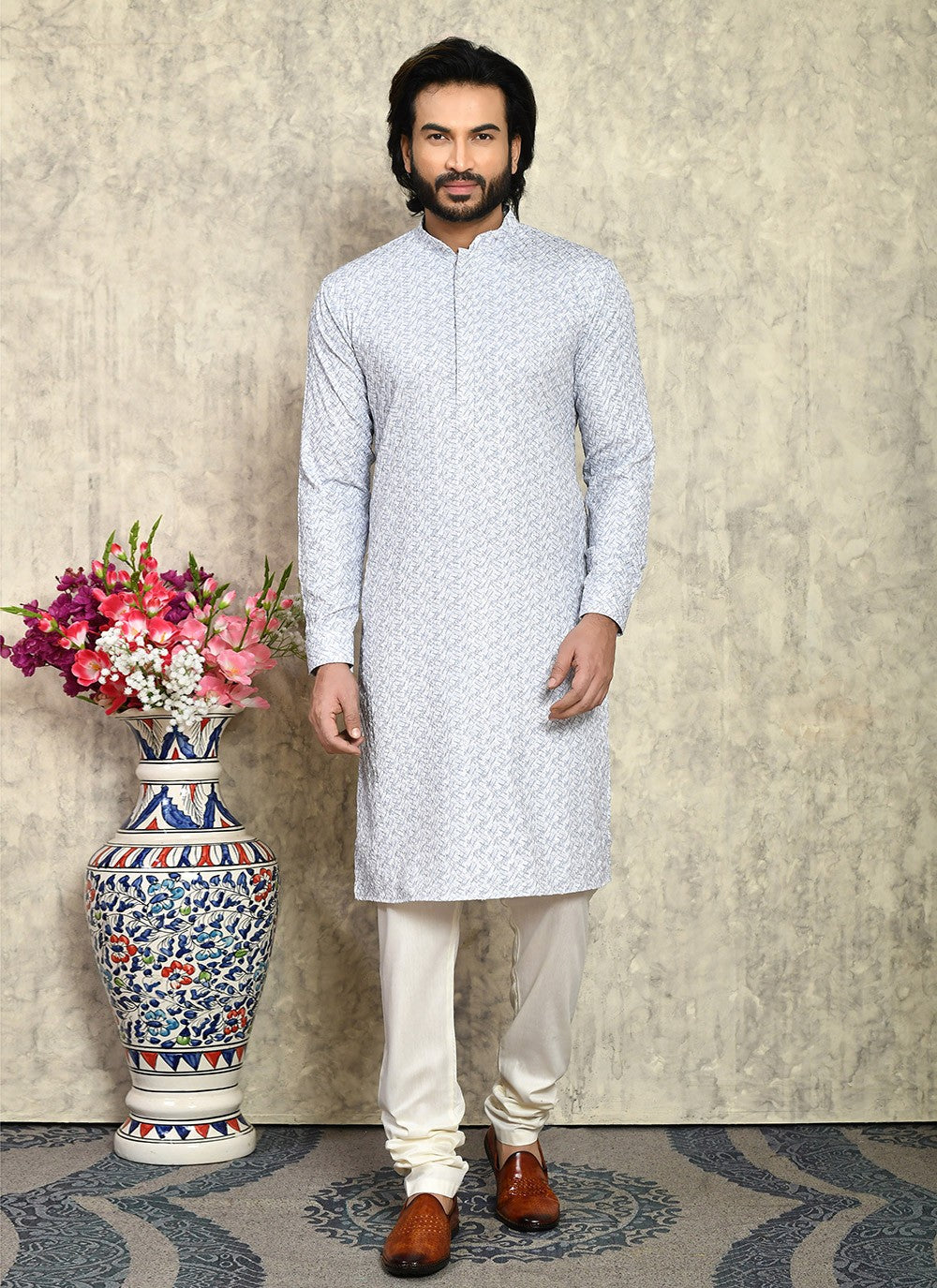 Plain Cotton Lycra Grey Kurta Pyjama - M7929