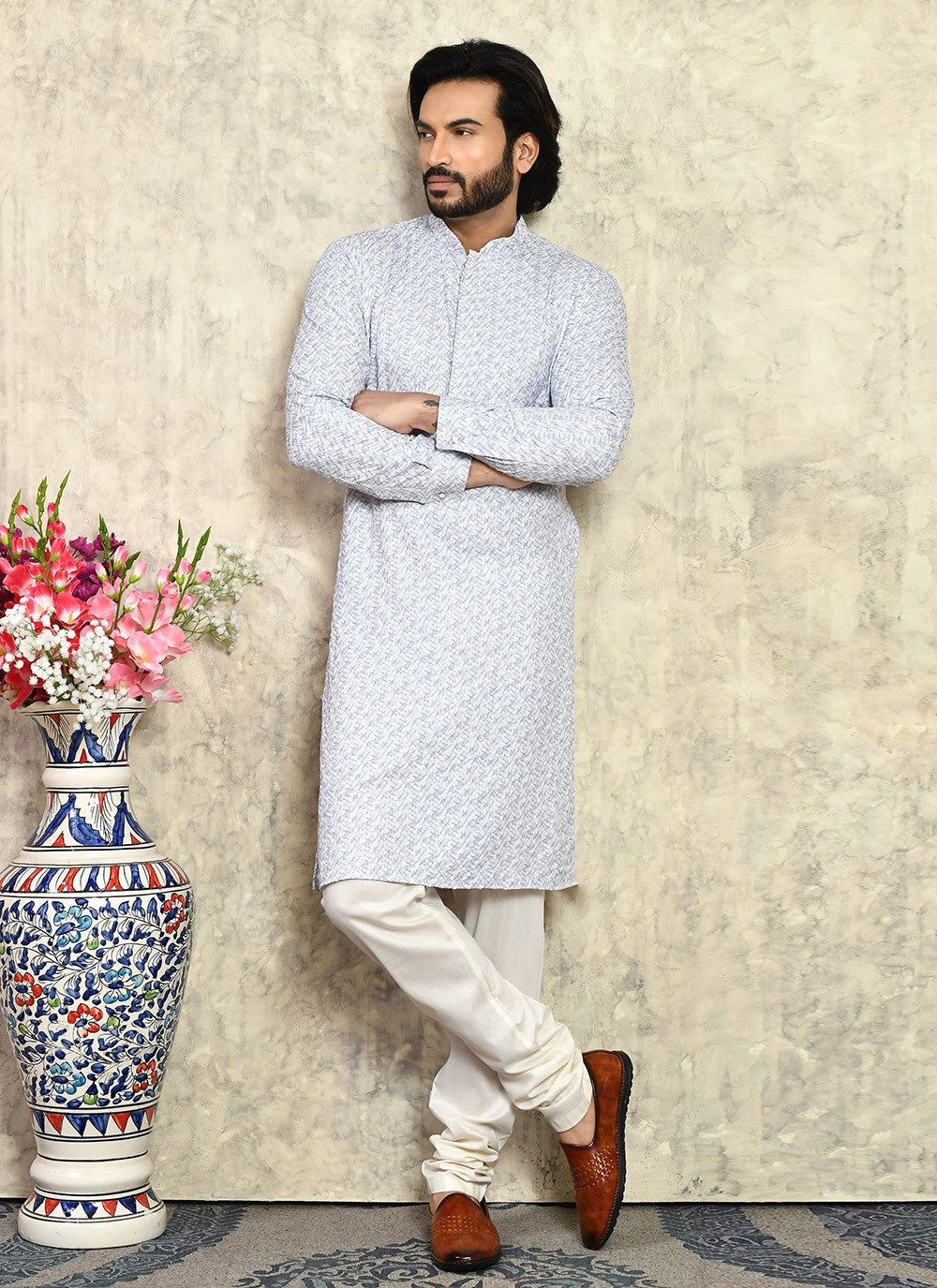 Plain Cotton Lycra Grey Kurta Pyjama - M7929