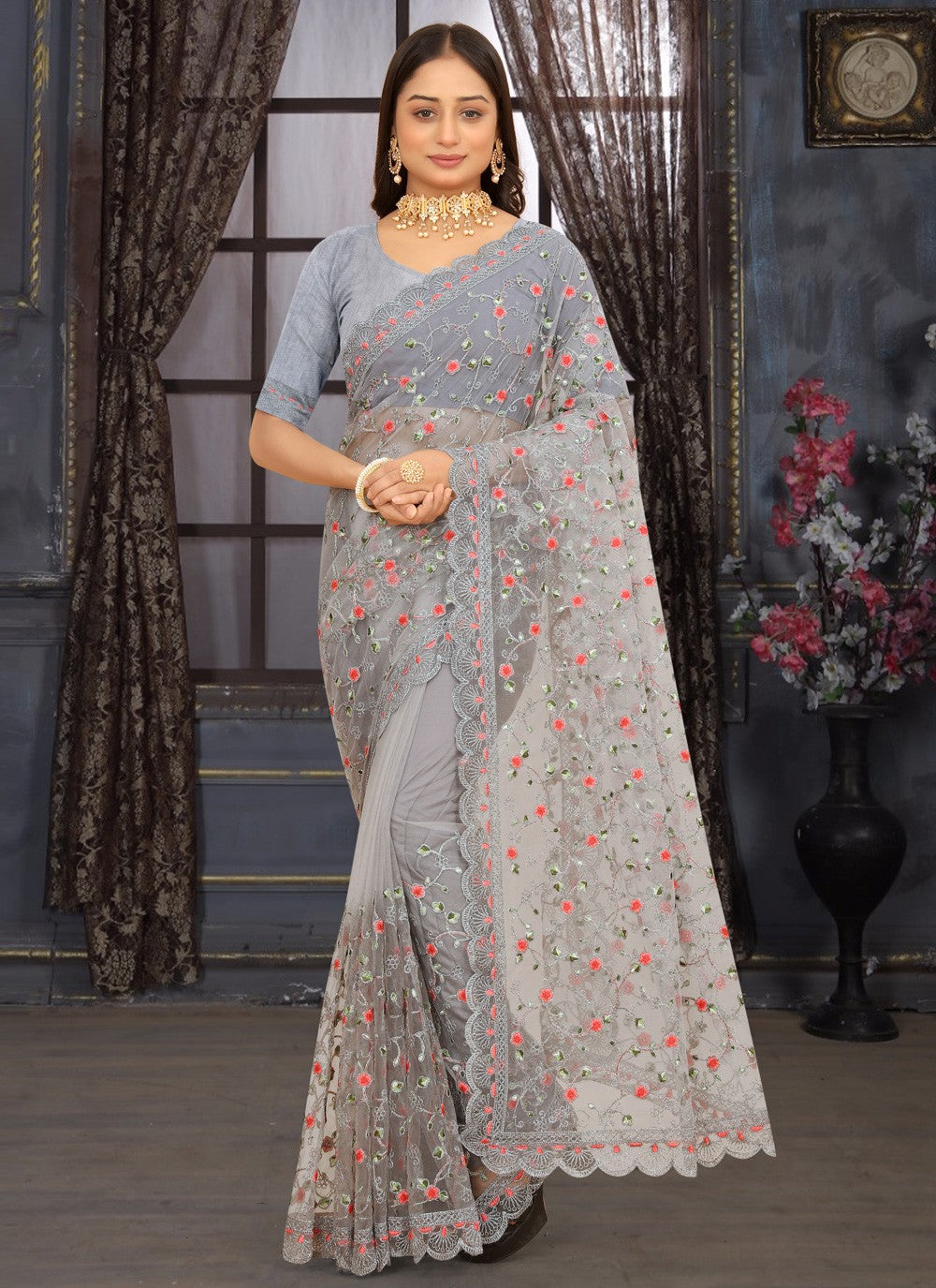 Classic Embroidered Net Saree - S3796