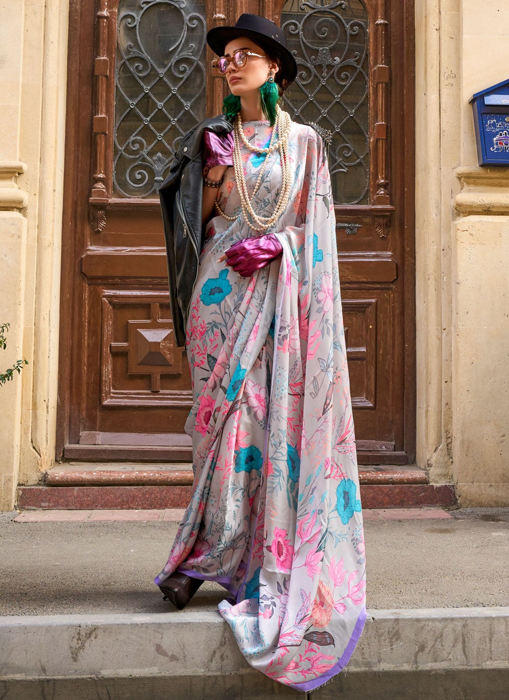 Trendy Digital Print Georgette Satin Saree - S5910