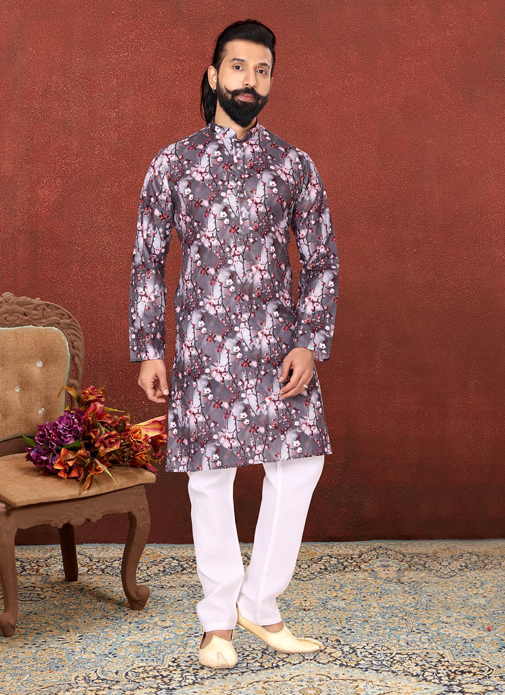 Digital Print Cotton Grey Kurta Pyjama - M2585