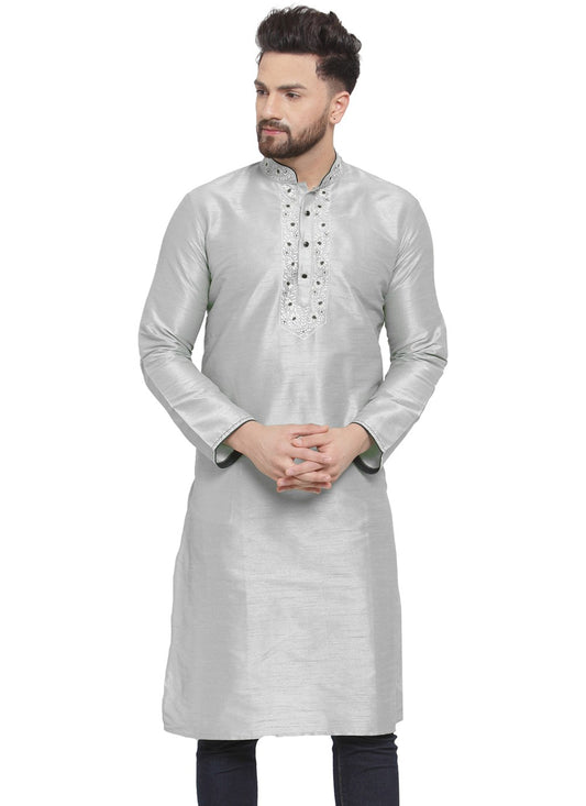 Embroidered Dupion Silk Grey Kurta - M7321