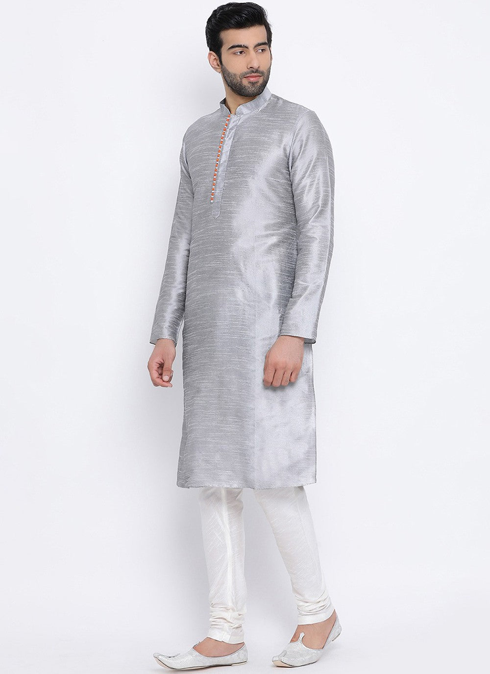 Plain Dupion Silk Grey Kurta Pyjama - M2003