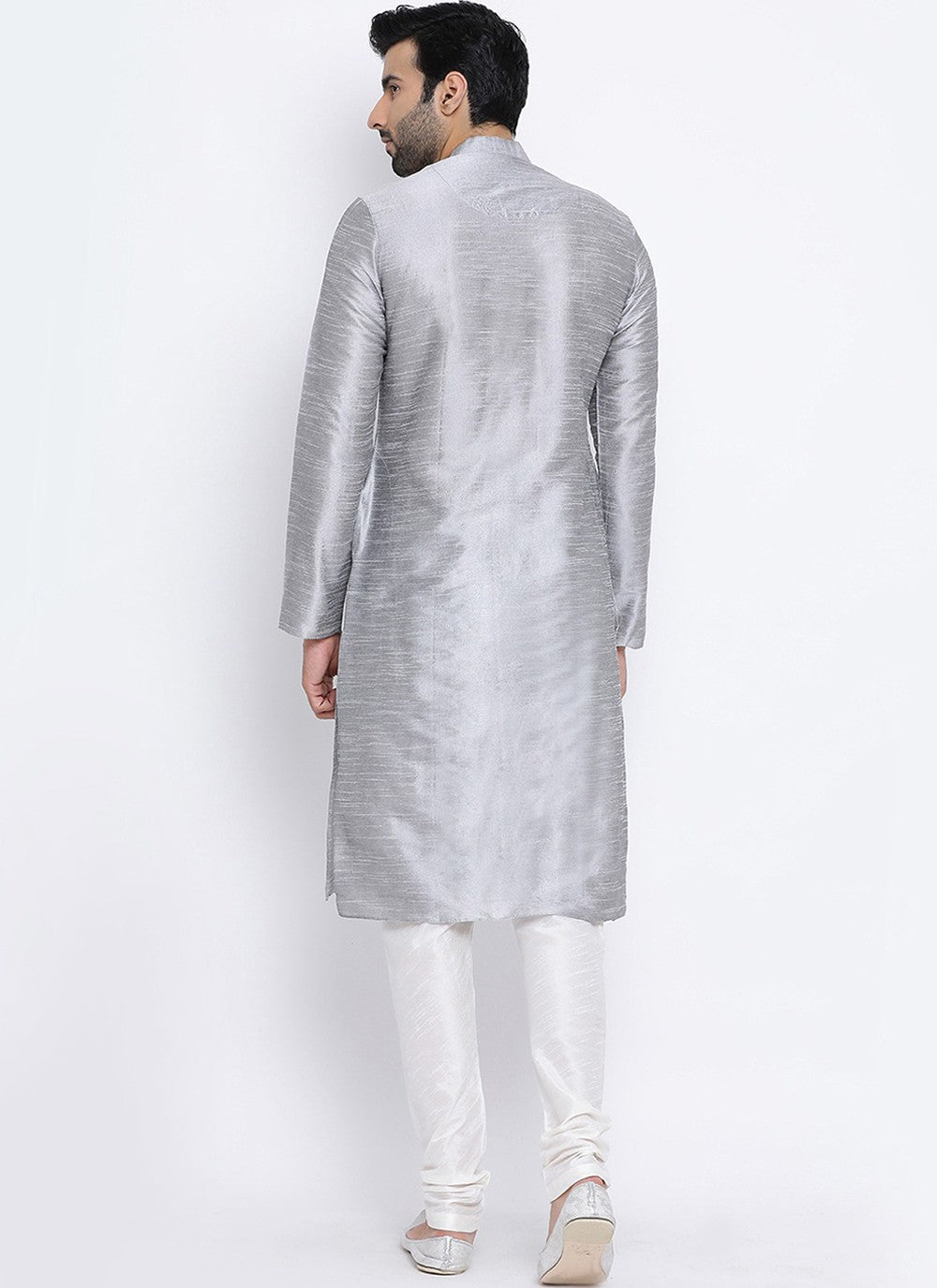 Plain Dupion Silk Grey Kurta Pyjama - M2003