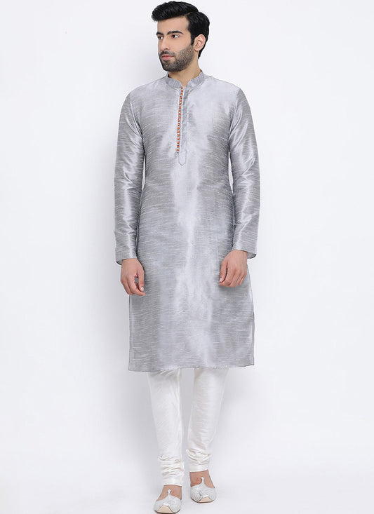 Plain Dupion Silk Grey Kurta Pyjama - M2003