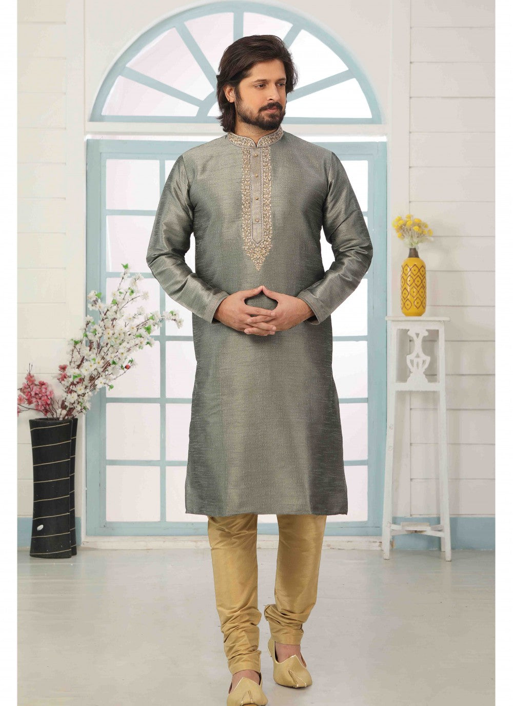 Embroidered Art Silk Grey Kurta Pyjama - M1797