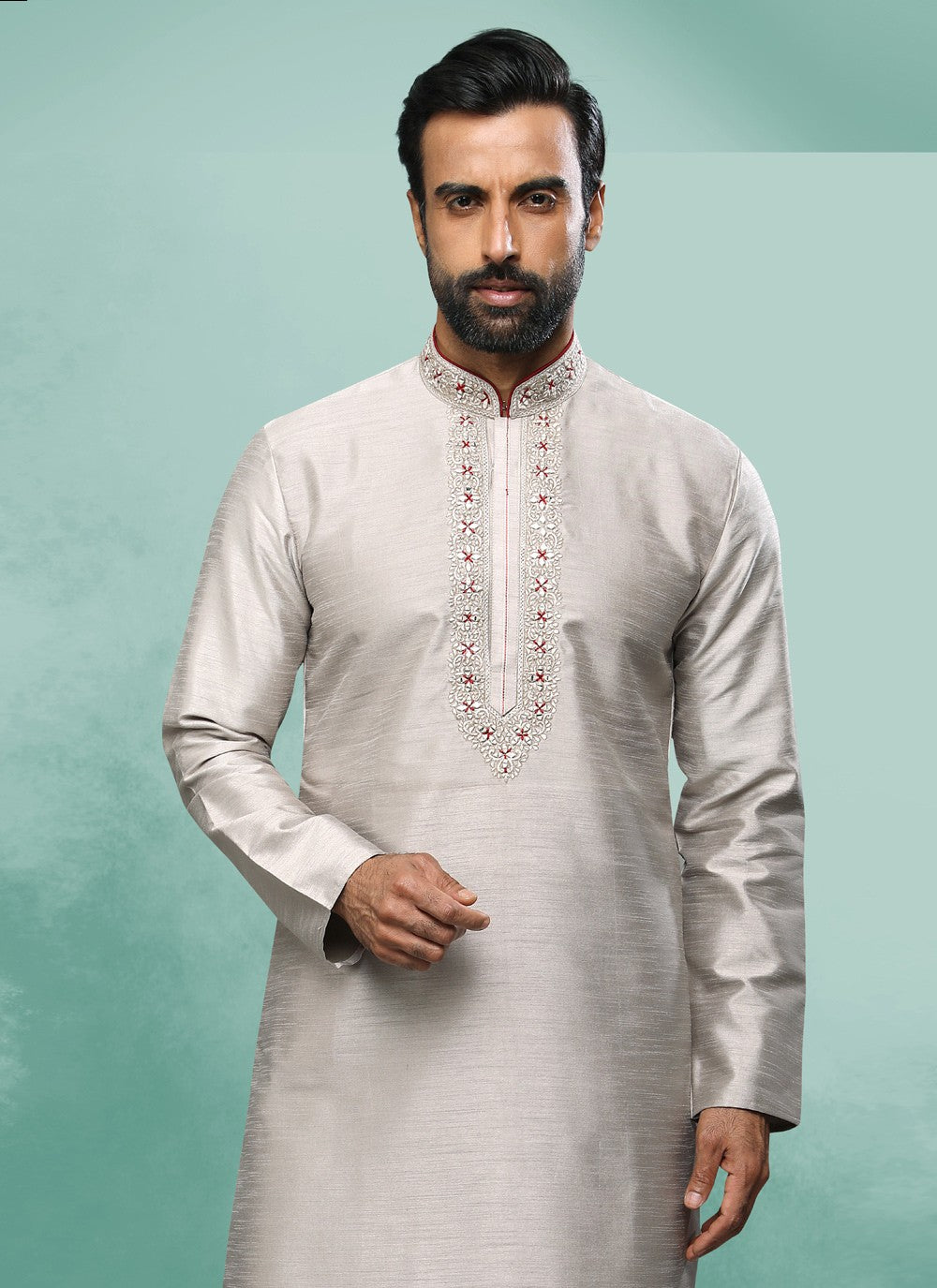 Embroidered Art Silk Grey Kurta Pyjama - M4368