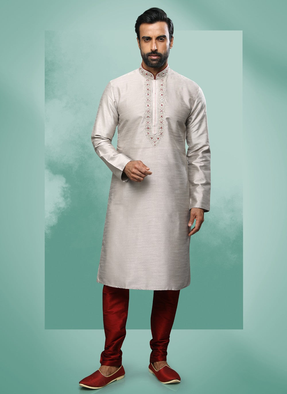 Embroidered Art Silk Grey Kurta Pyjama - M4368