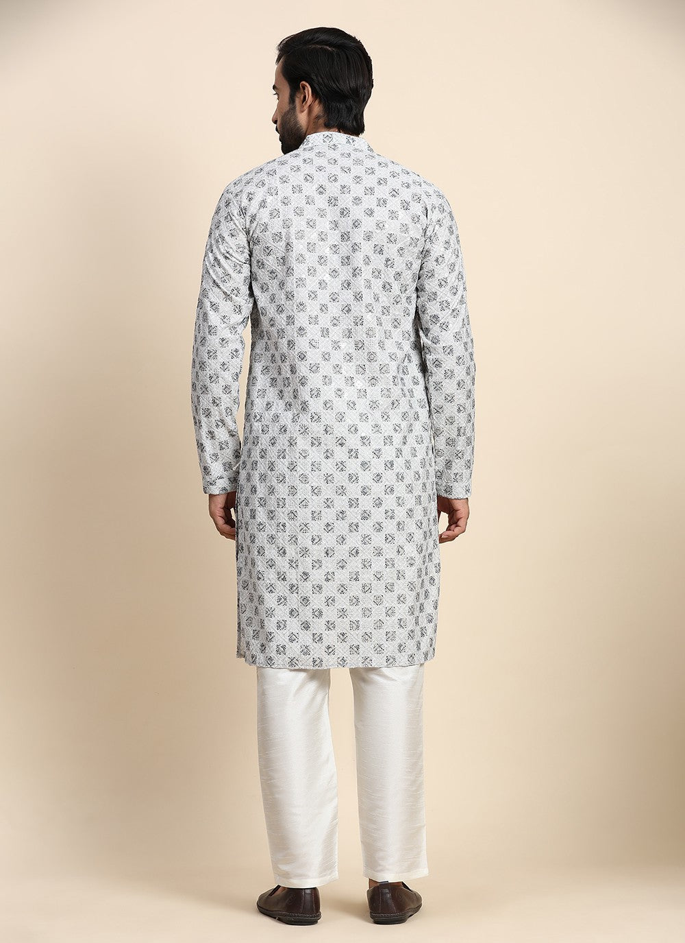 Chikankari Work Cotton Grey Kurta Pyjama - M8452