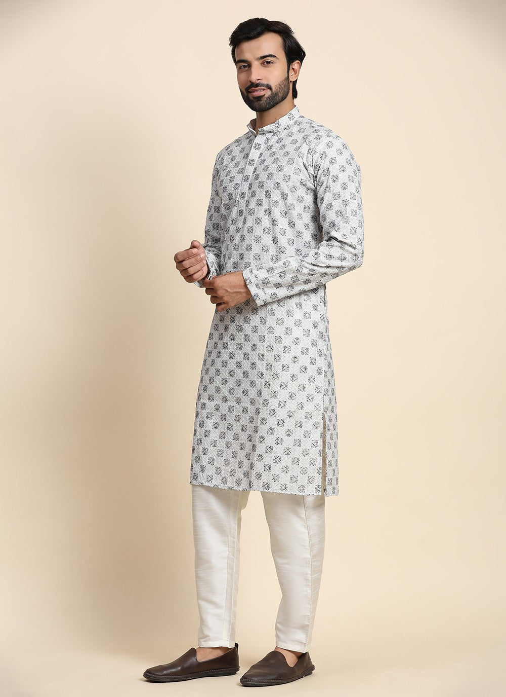 Chikankari Work Cotton Grey Kurta Pyjama - M8452