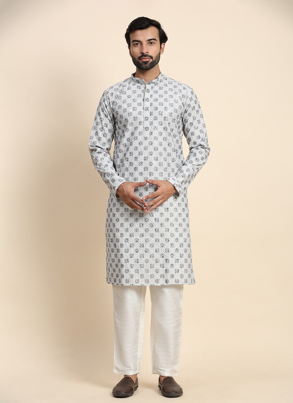 Chikankari Work Cotton Grey Kurta Pyjama - M8452