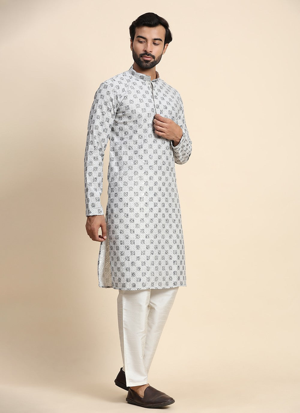 Chikankari Work Cotton Grey Kurta Pyjama - M8452