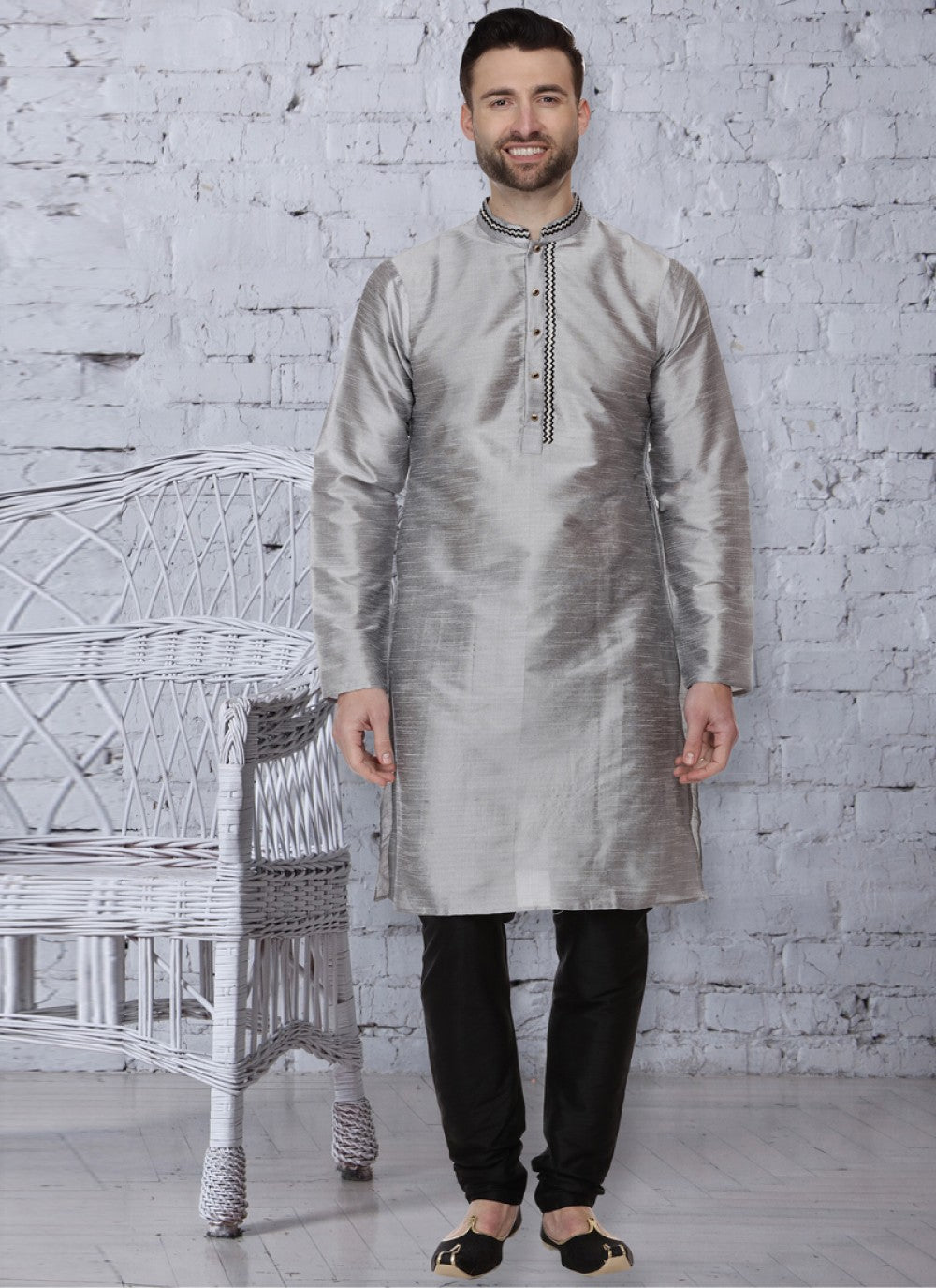 Embroidered Dupion Silk Grey Kurta Pyjama - M1084