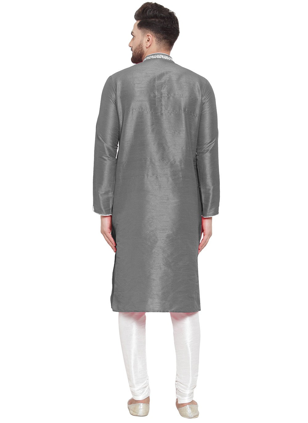 Embroidered Dupion Silk Grey Kurta Pyjama - M7331