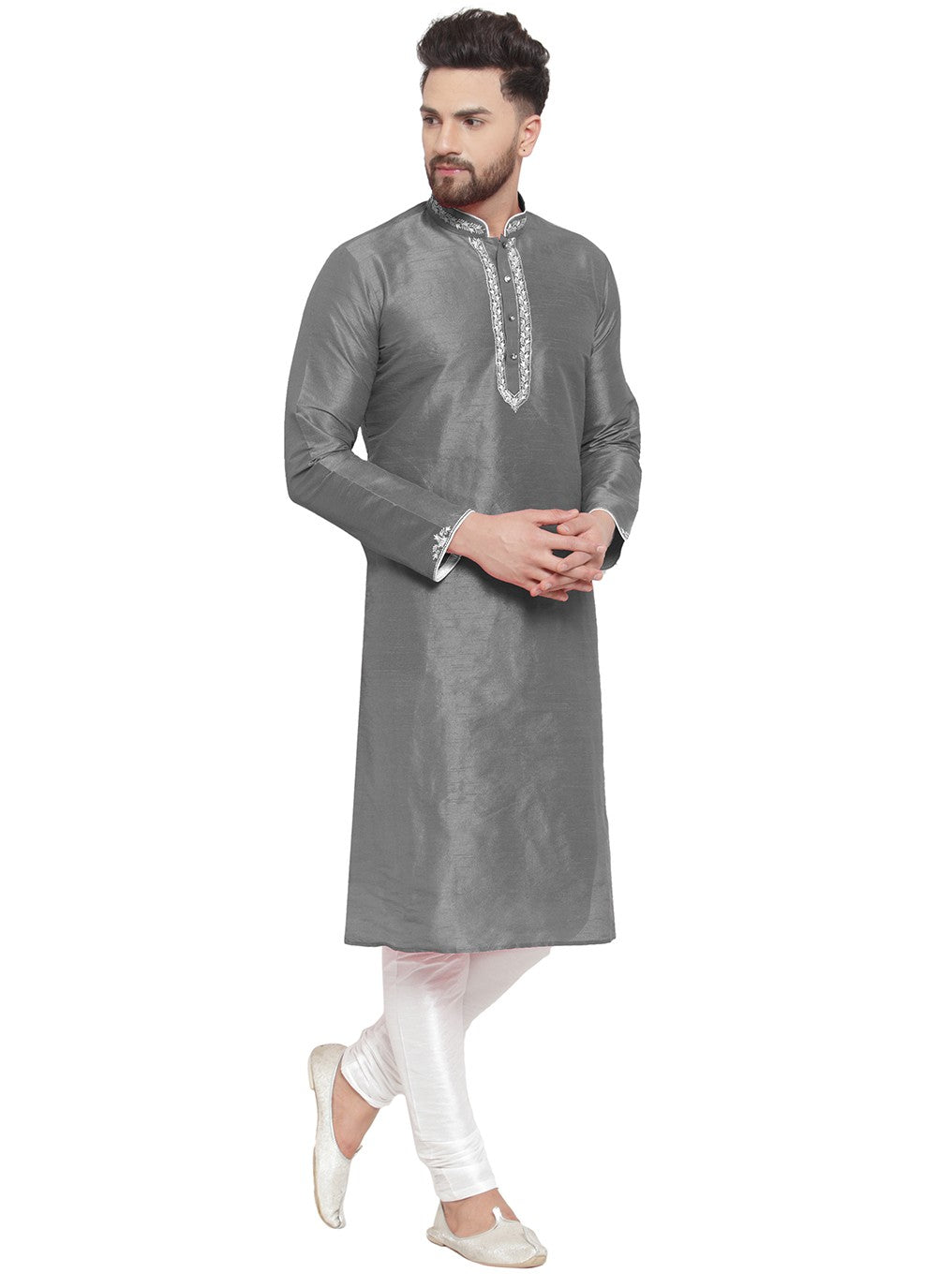 Embroidered Dupion Silk Grey Kurta Pyjama - M7331