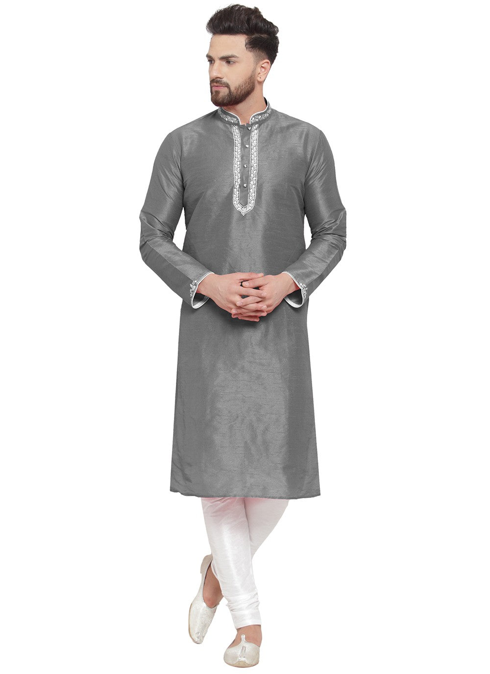 Embroidered Dupion Silk Grey Kurta Pyjama - M7331