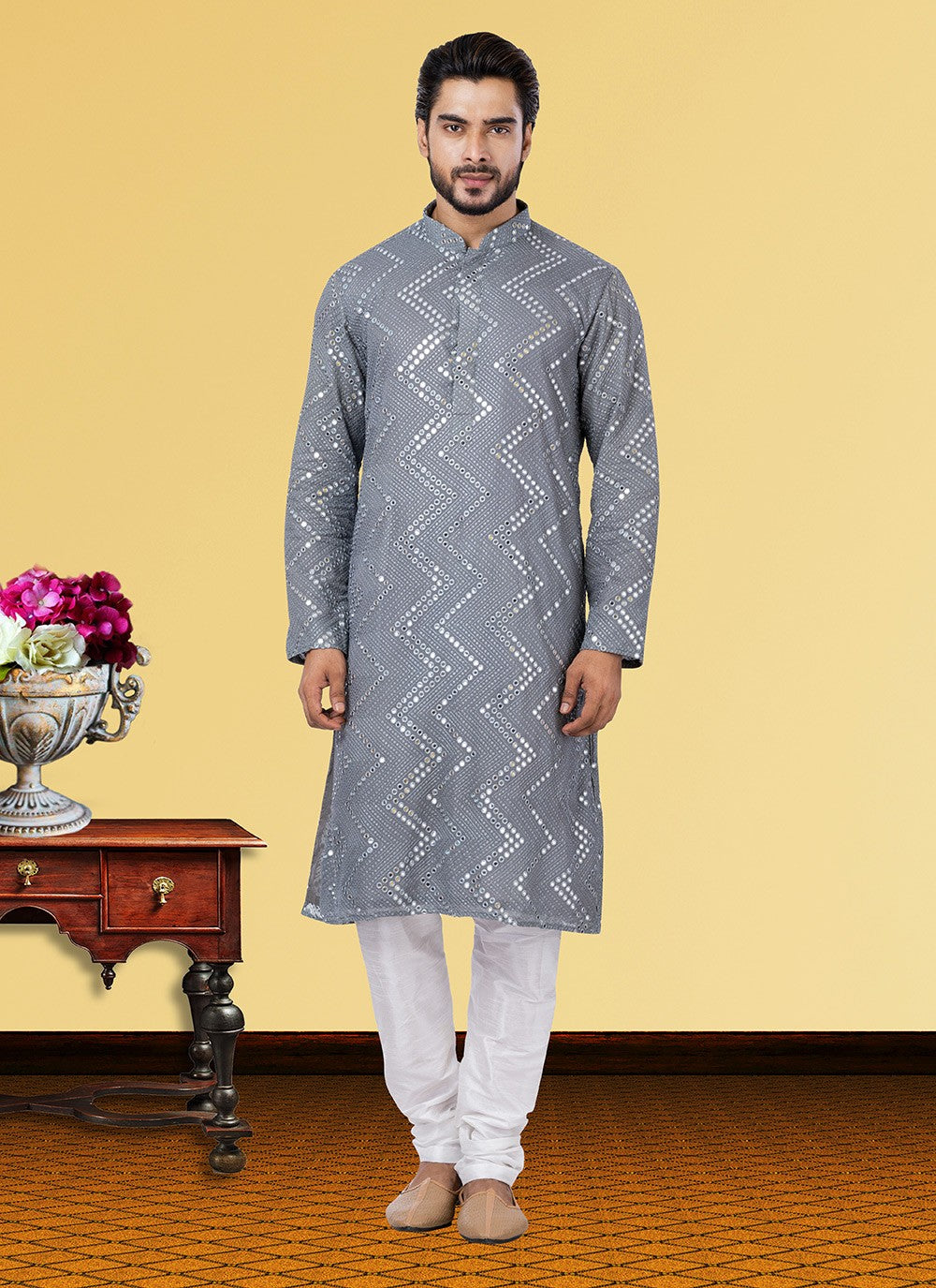 Embroidered Georgette Grey Kurta Pyjama - M3721