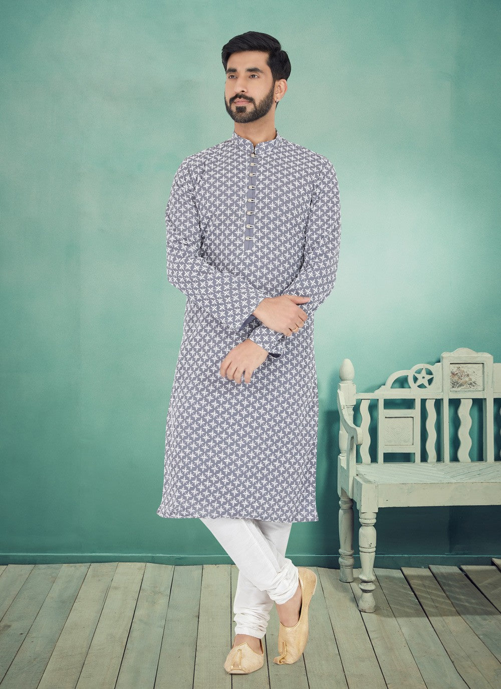 Embroidered Georgette Grey Kurta Pyjama - M4981