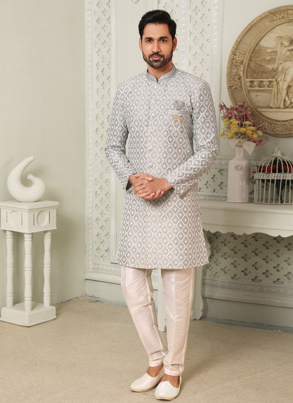 Embroidered Art Silk Grey Indo Western - M4422