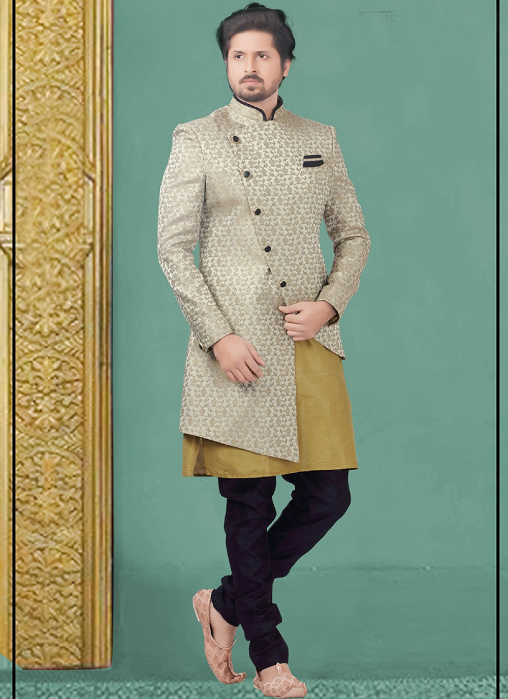 Embroidered Jacquard Grey Indo Western - M1156