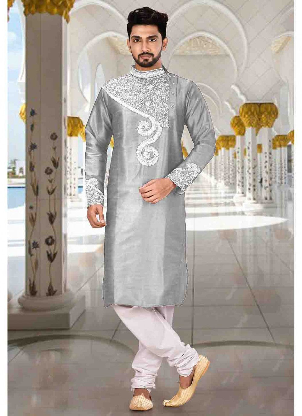 Embroidered Art Dupion Silk Grey Kurta Pyjama - M1600