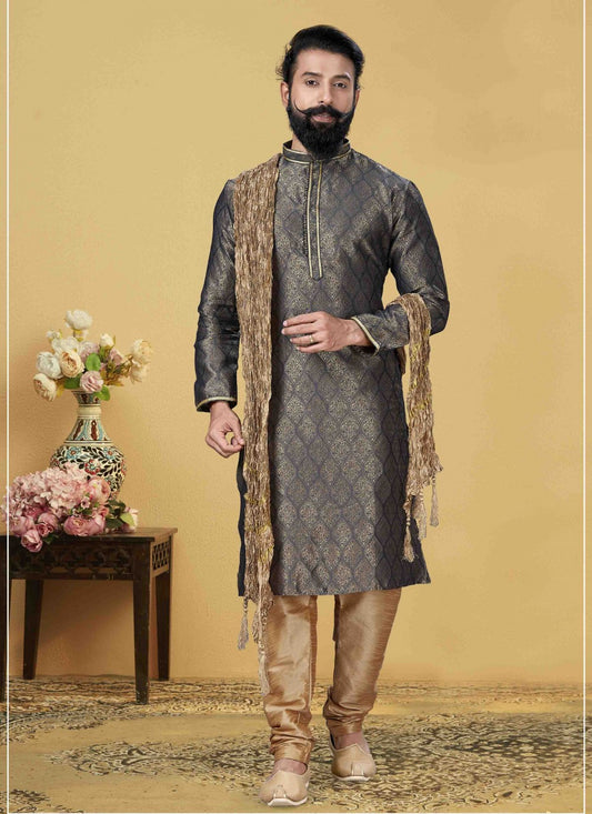 Embroidered Jacquard Silk Grey Kurta Pyjama - M1738