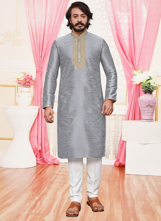 Embroidered Art Silk Grey Kurta Pyjama - M2020