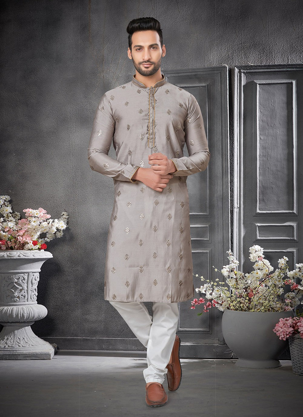 Embroidered Cotton Silk Grey Kurta Pyjama - M6404