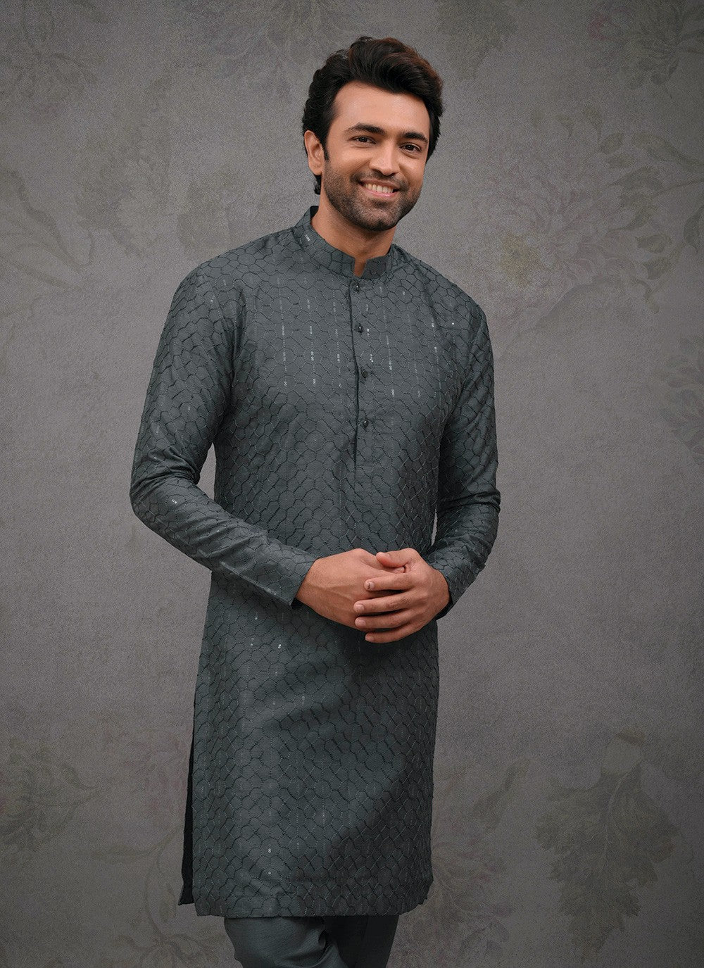 Embroidered Silk Grey Kurta Pyjama - M8388