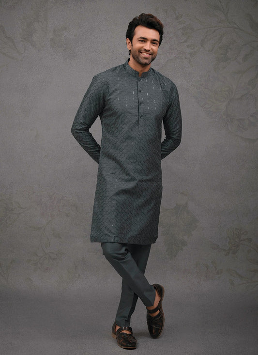 Embroidered Silk Grey Kurta Pyjama - M8388