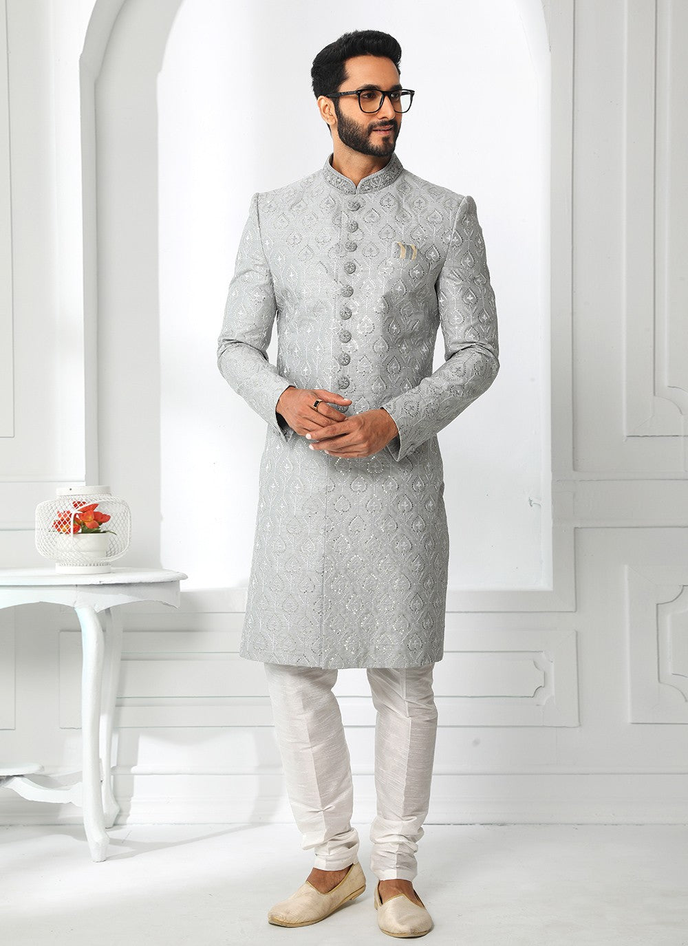 Machine Embroidery Art Silk Grey Sherwani - M4133