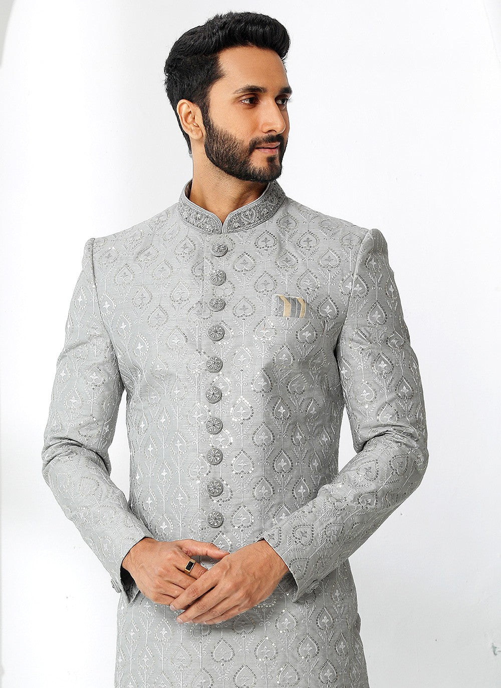 Machine Embroidery Art Silk Grey Sherwani - M4133