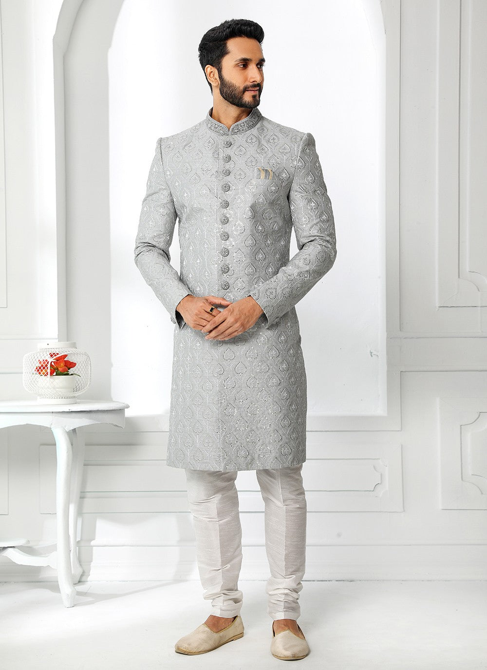 Machine Embroidery Art Silk Grey Sherwani - M4133