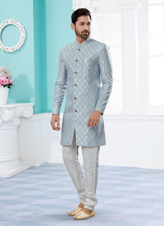 Embroidered Banarasi Jacquard Grey Indo Western Sherwani - M3916