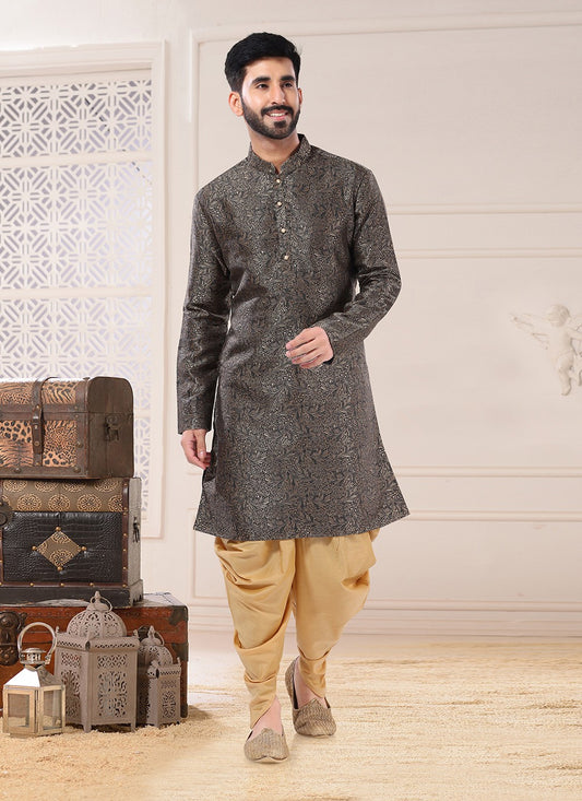 Embroidered Jacquard Grey Dhoti Kurta - M4688